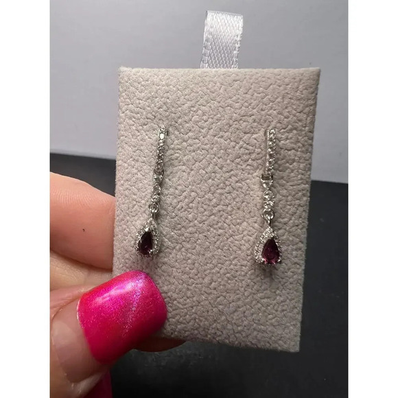Rubellite and zircon earrings in platinum over sterling silver - Picture 8 of 10